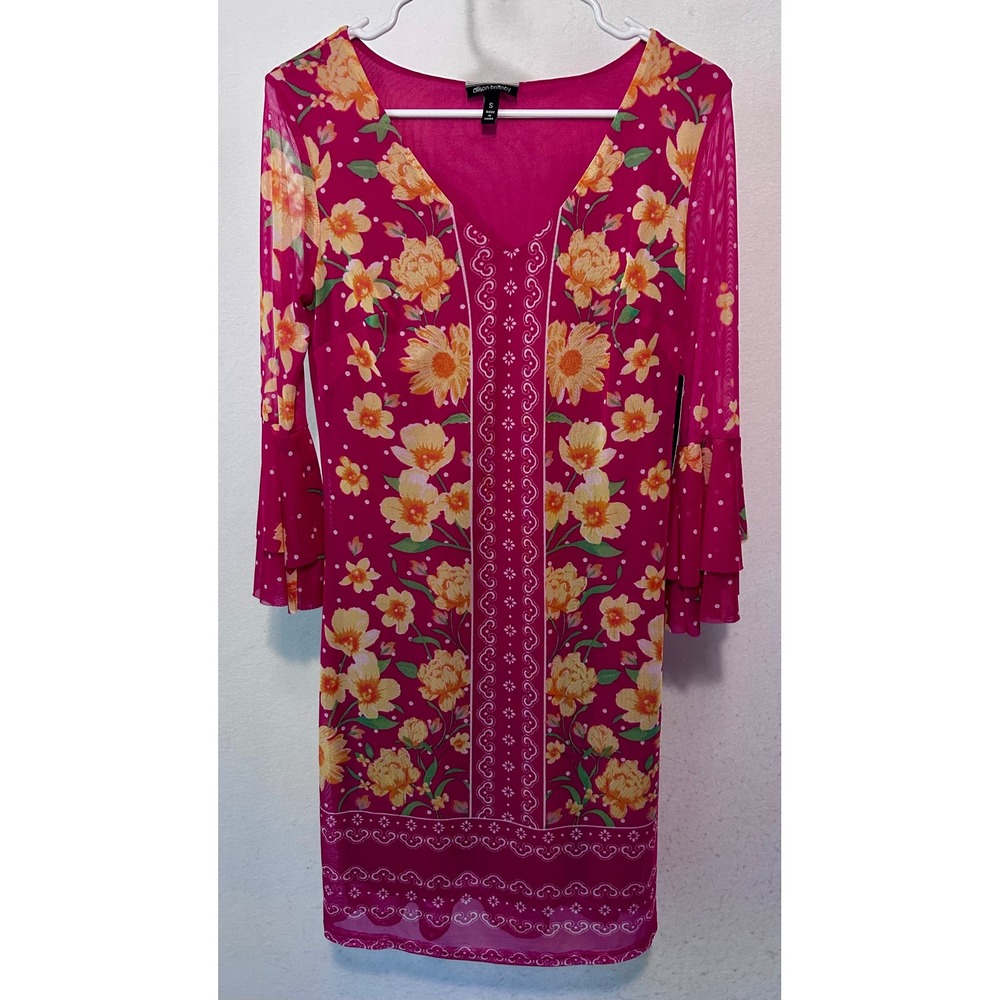 Allison Brittney Pink Floral Mesh Bell Sleeve V-Neck Dress Small NWT